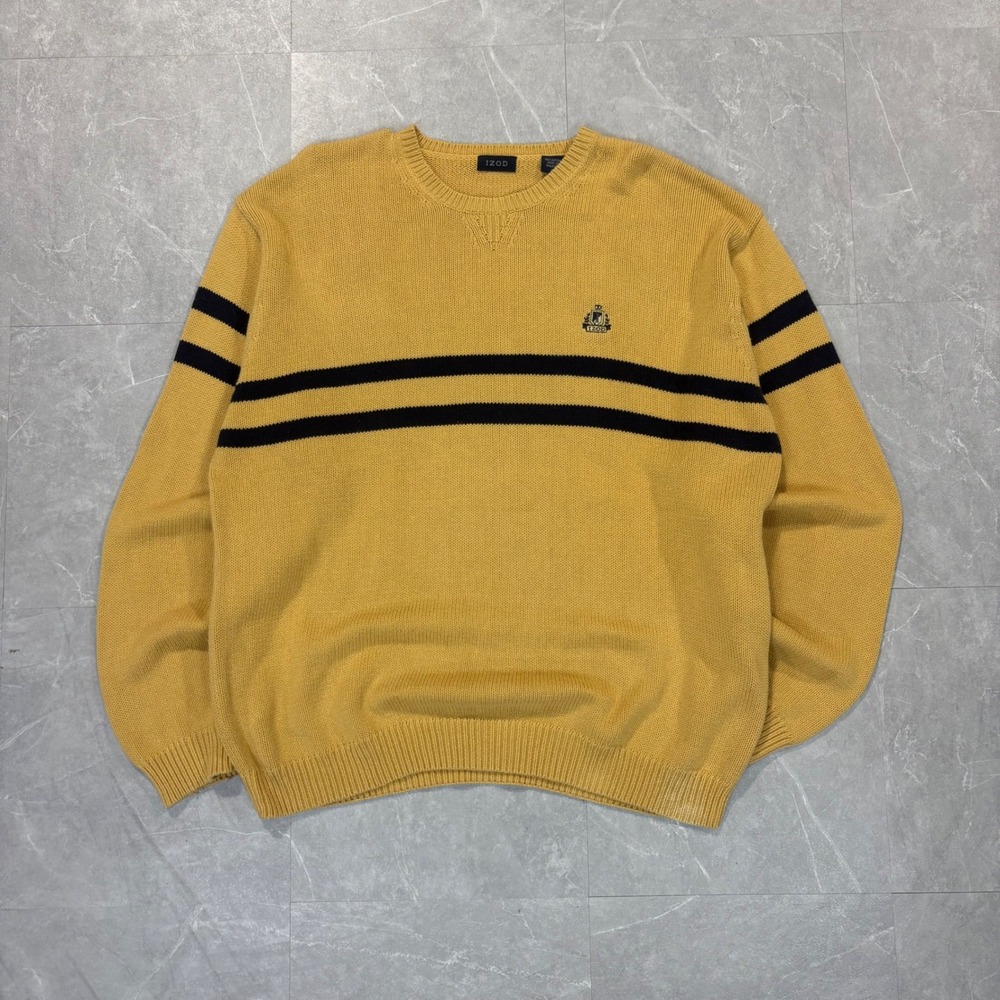 Izod Mens Mustard Yellow Navy Striped Cotton Knit Crewneck Sweater Large Logo